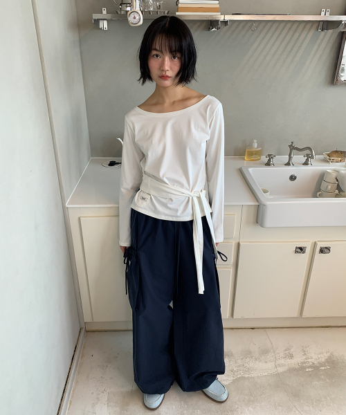 RIBBON STRING WIDE CARGO PANTS NAVY