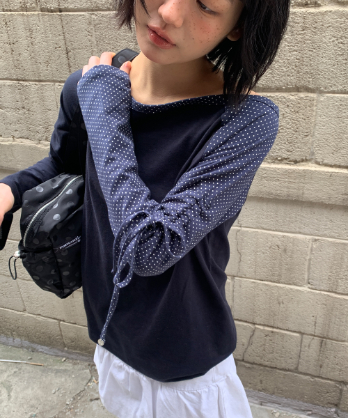 DOT BOAT NECK RIBBON STRING LONG SLEEVE NAVY