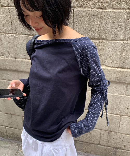 DOT BOAT NECK RIBBON STRING LONG SLEEVE NAVY