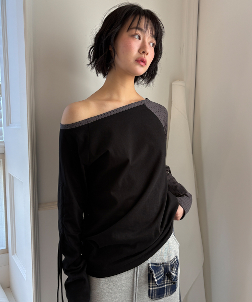 DOT BOAT NECK RIBBON STRING LONG SLEEVE BLACK