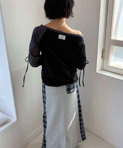 DOT BOAT NECK RIBBON STRING LONG SLEEVE BLACK