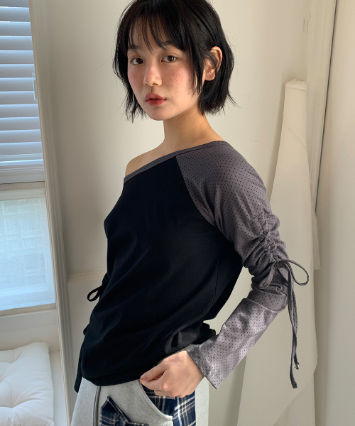 DOT BOAT NECK RIBBON STRING LONG SLEEVE BLACK
