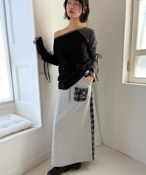 DOT BOAT NECK RIBBON STRING LONG SLEEVE BLACK
