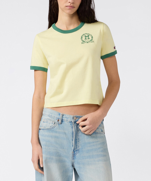 여성 스포츠 팀 로고 크롭 링거 티셔츠 Yellow