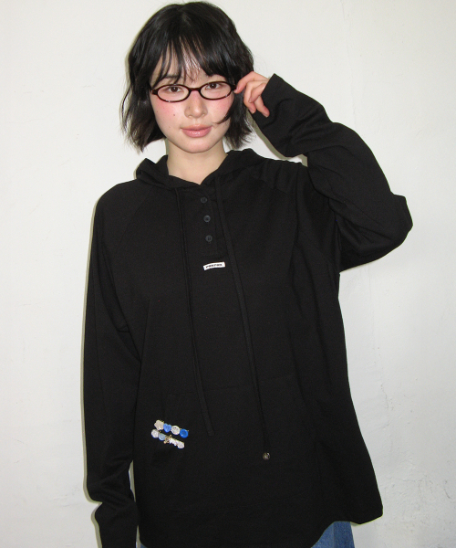 HOODED RAGLAN OVER FIT LONG SLEEVE BLACK