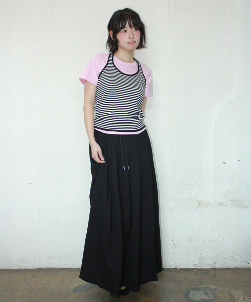 STRIPE KNIT HALTER NECK SLEEVELESS BLACK