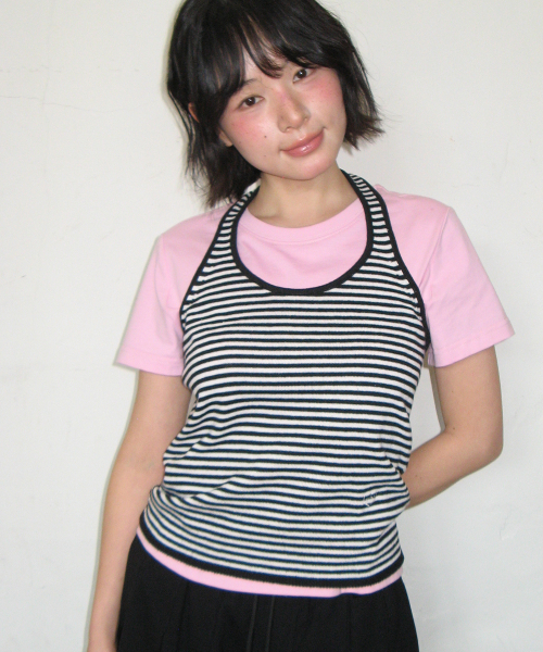 STRIPE KNIT HALTER NECK SLEEVELESS BLACK