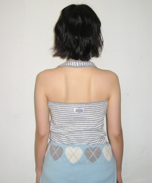 STRIPE KNIT HALTER NECK SLEEVELESS GREY