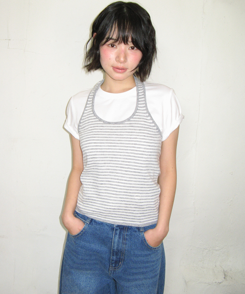 STRIPE KNIT HALTER NECK SLEEVELESS GREY