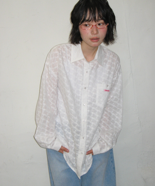 BUTTON POCKET OVERSIZED SHIRT EYELET WHITE