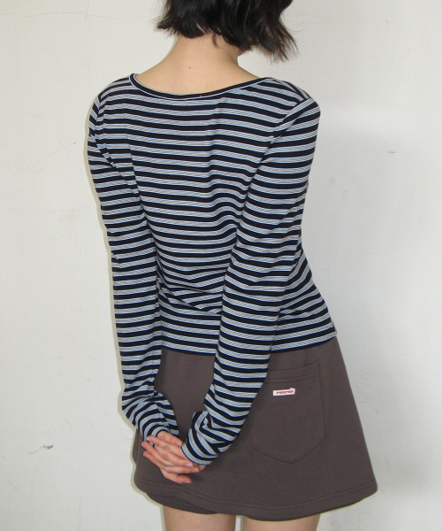 MULTI STRIPE V NECK LONG SLEEVE NAVY
