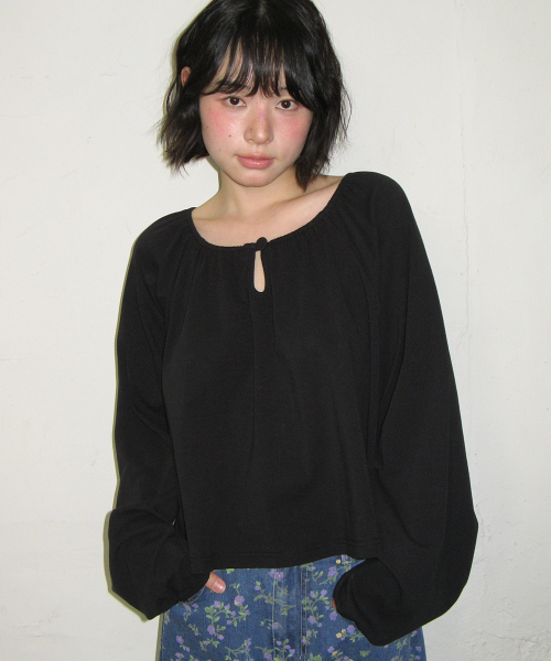 VOLUME SHIRRING BUTTON LONG SLEEVE BLACK