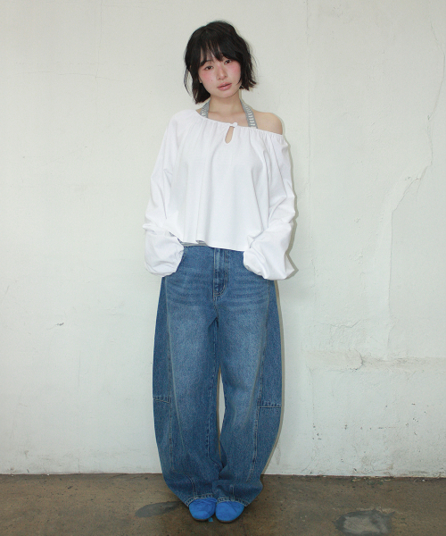 VOLUME SHIRRING BUTTON LONG SLEEVE WHITE