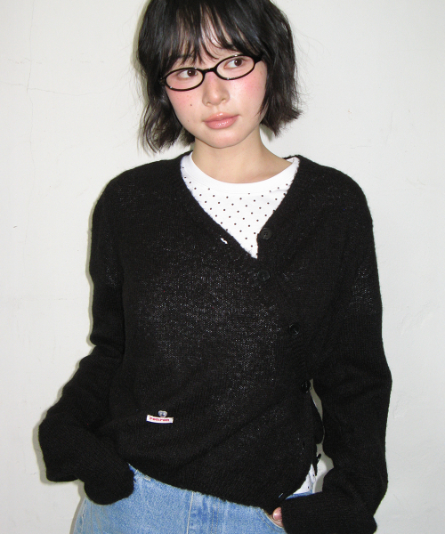 MINI LABEL DIAGONAL KNIT CARDIGAN BLACK