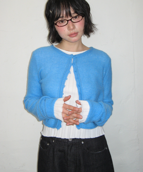 ROLLED EDGE CROP KNIT CARDIGAN BLUE