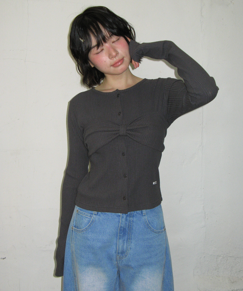 KNOT RIBBON SLIM FIT CARDIGAN CHARCOAL