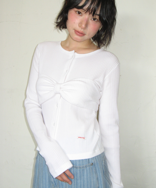 KNOT RIBBON SLIM FIT CARDIGAN WHITE