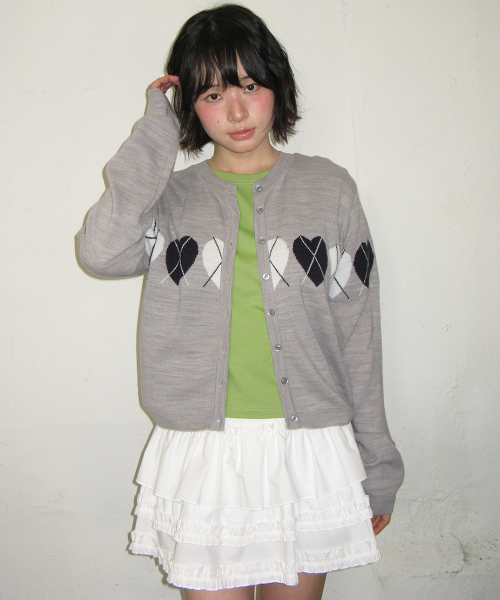 HEART ARGYLE LINE KNIT CARDIGAN GREY