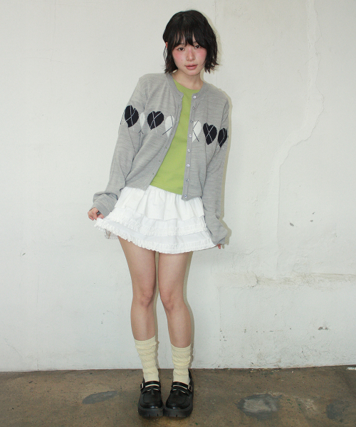 HEART ARGYLE LINE KNIT CARDIGAN GREY