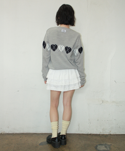 HEART ARGYLE LINE KNIT CARDIGAN GREY