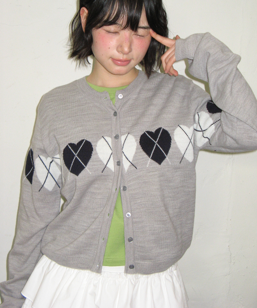 HEART ARGYLE LINE KNIT CARDIGAN GREY
