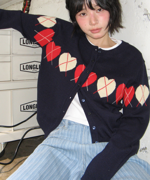 HEART ARGYLE LINE KNIT CARDIGAN NAVY