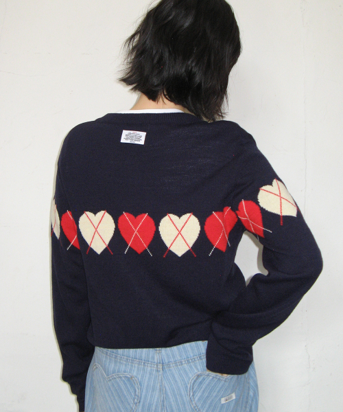 HEART ARGYLE LINE KNIT CARDIGAN NAVY