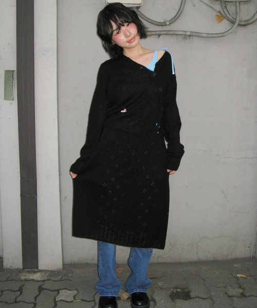 POINTELLE KNIT LONG SKIRT BLACK