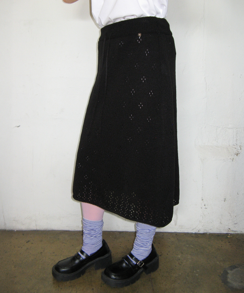 POINTELLE KNIT LONG SKIRT BLACK