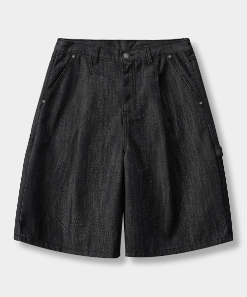 BIO WASHING CARPENTER BERMUDA DENIM PANTS_SLUB BLACK