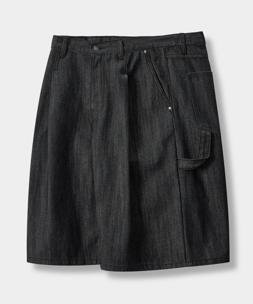 BIO WASHING CARPENTER BERMUDA DENIM PANTS_SLUB BLACK