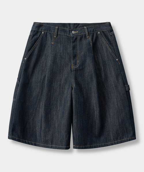 BIO WASHING CARPENTER BERMUDA DENIM PANTS_SLUB INDIGO