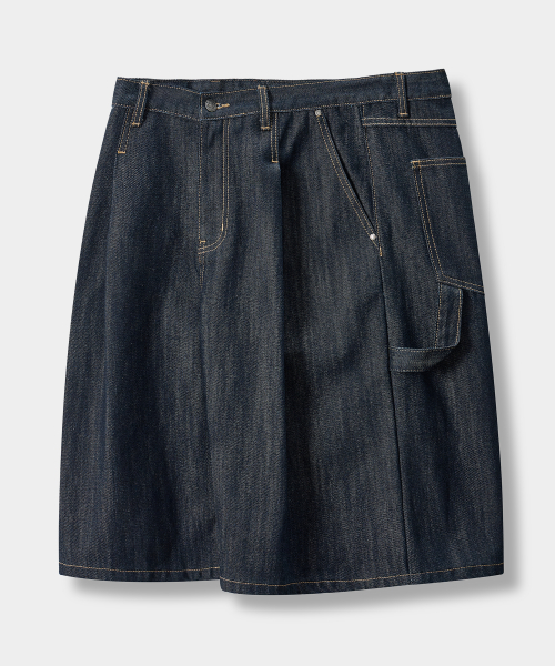 BIO WASHING CARPENTER BERMUDA DENIM PANTS_SLUB INDIGO