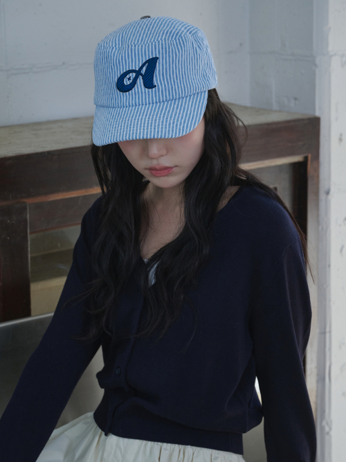 Argyle Stripe Denim Pillbox Cap (Blue Denim)
