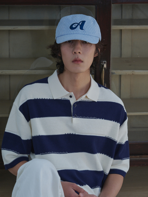 Argyle Stripe Denim Pillbox Cap (Blue Denim)