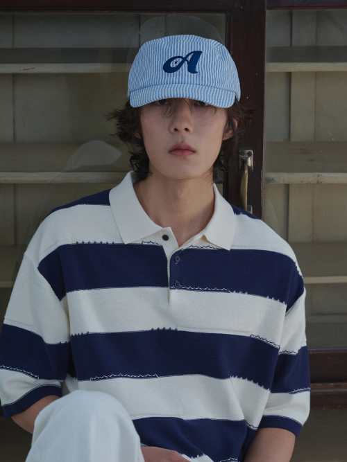 Argyle Stripe Denim Pillbox Cap (Blue Denim)