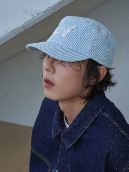 Argyle Stripe Denim Pillbox Cap (Light Blue Denim)