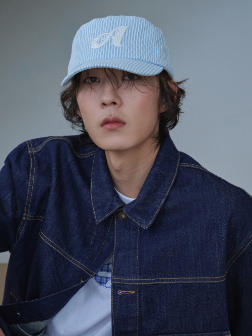 Argyle Stripe Denim Pillbox Cap (Light Blue Denim)