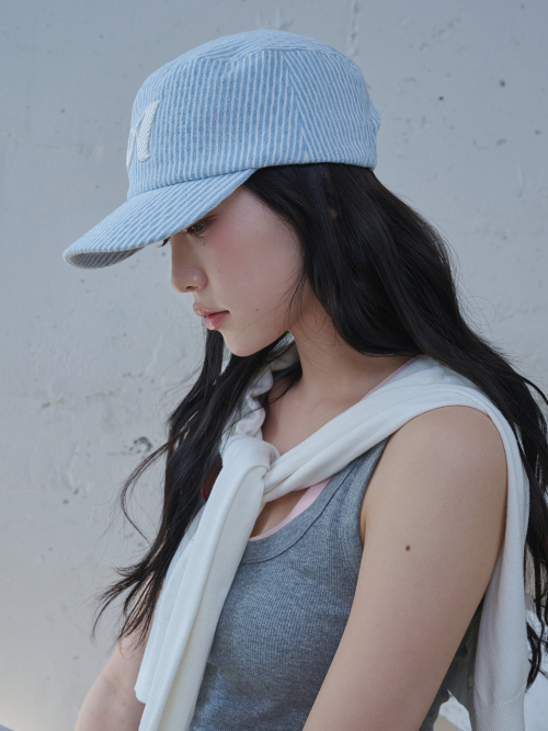 Argyle Stripe Denim Pillbox Cap (Light Blue Denim)