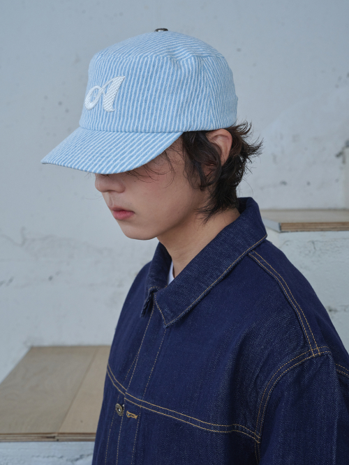 Argyle Stripe Denim Pillbox Cap (Light Blue Denim)