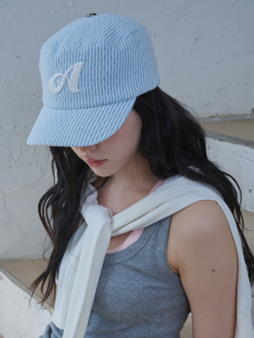 Argyle Stripe Denim Pillbox Cap (Light Blue Denim)
