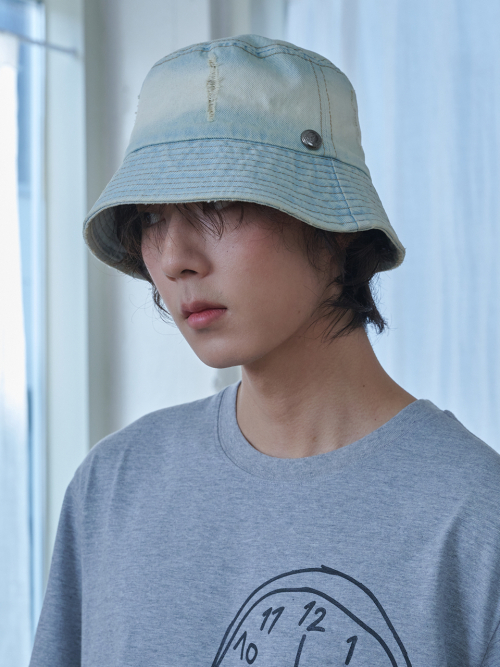 Vintage Bleaching Denim Bucket Hat (Light Blue Denim)