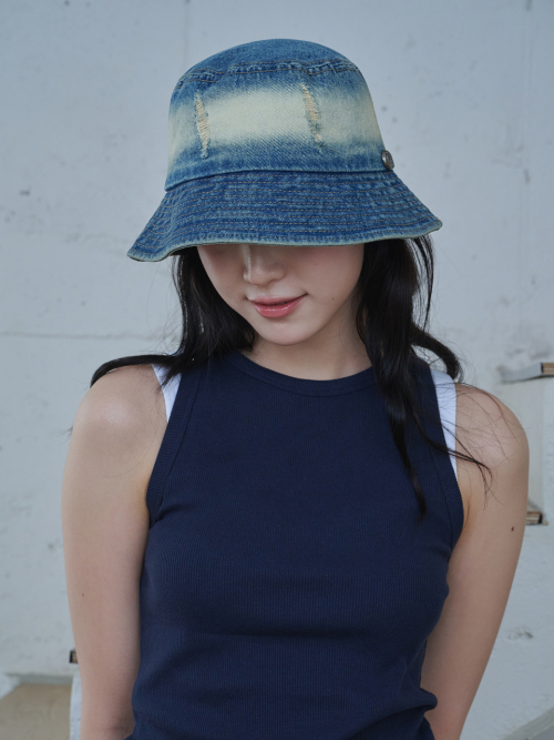 Vintage Bleaching Denim Bucket Hat (Dark Blue Denim)