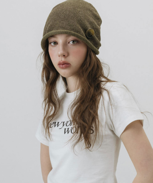 BUTTON ROLL UP BEANIE HAT_KHAKI