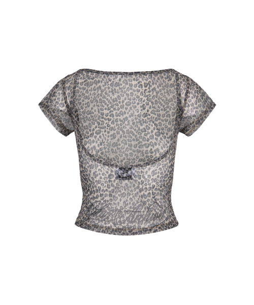 LEOPARD LETTERING LOGO BACKLESS SHEER CROP TOP_BEIGE
