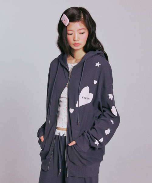 [3COLORS] GRAPHIC WAFFLE HOOD ZIP-UP