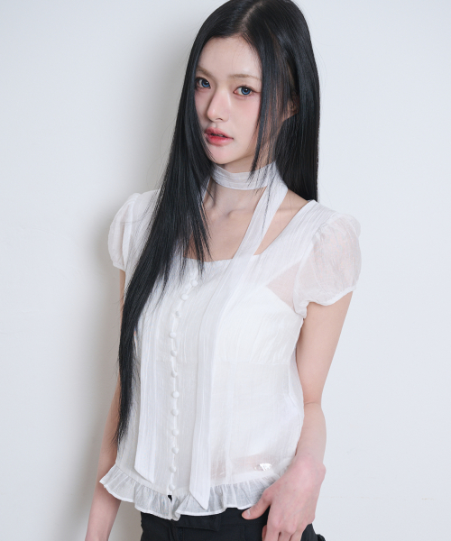 RIBBON TIE SQUARE NECK BLOUSE WHITE