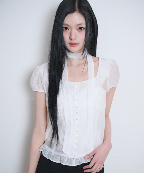 RIBBON TIE SQUARE NECK BLOUSE WHITE