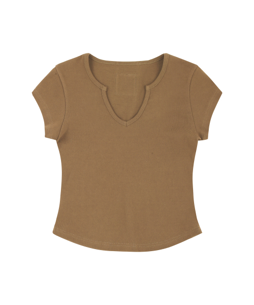 C 90S LINE SLIT NECK HALF-SLEEVE T-SHIRT_CAMEL
