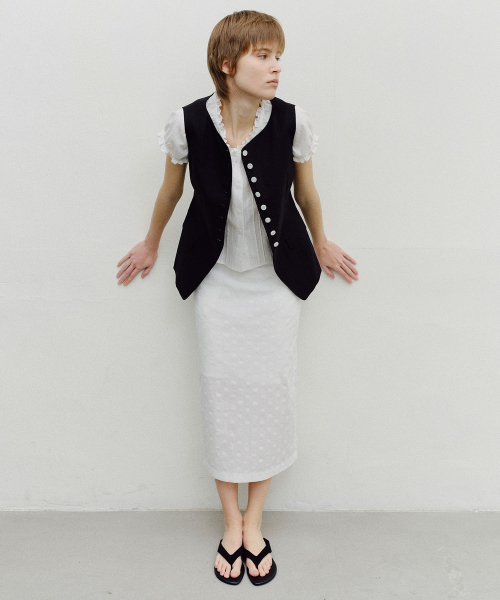 STRIPED DOT LONG SKIRT - WHITE